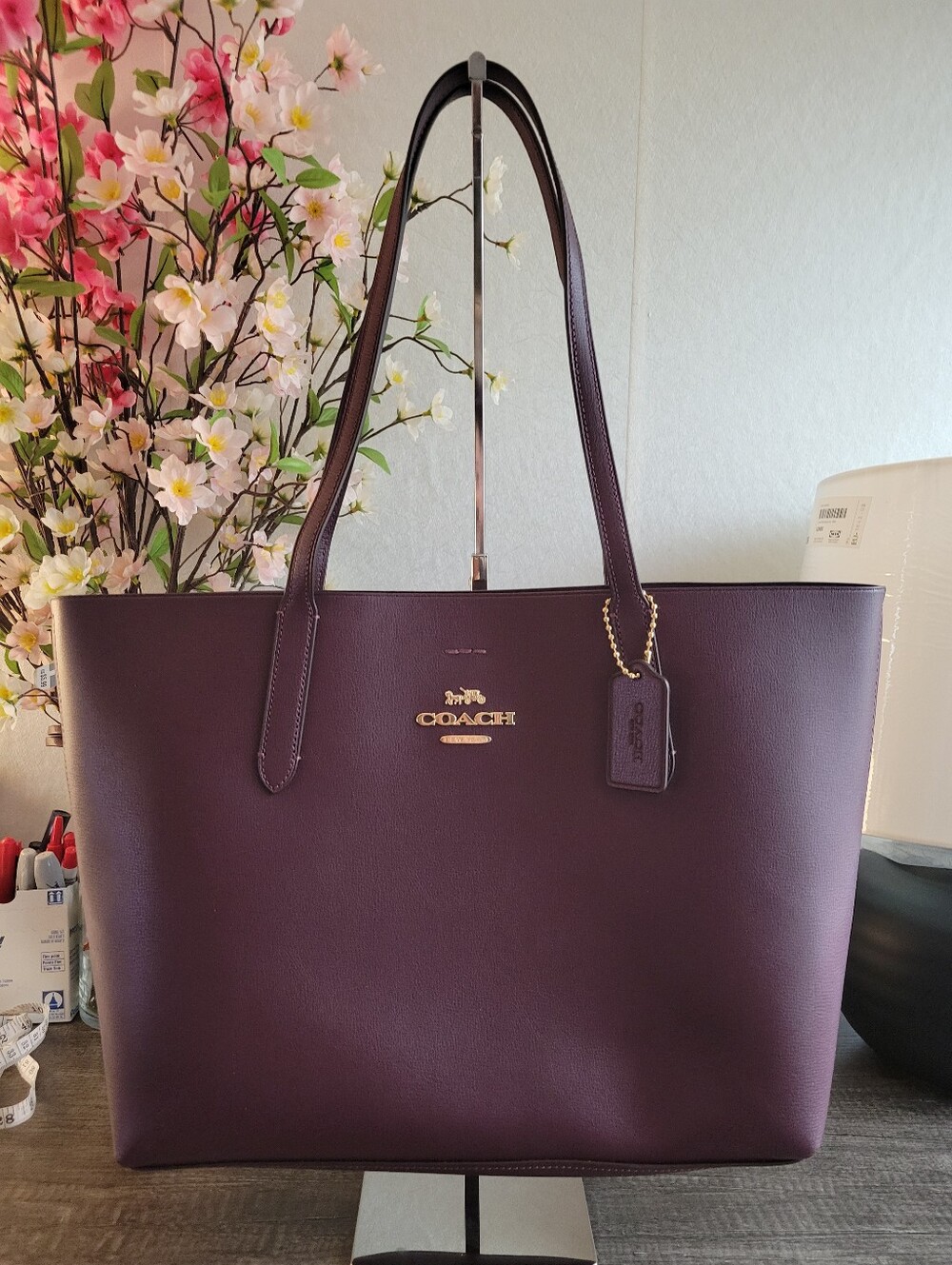 NWT Coach Plum Leather Tote with Gold Hardware